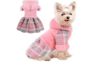 DAFUEN Dog Sweaters for Medium Dogs Girl Pink Puppy Hoodie Sweater Winter Pet Dress Clothes Cold Weather Pet Coat Plaid Doggy Skirt Outfit Apparel Warm Puppy Clothing (Medium, Pink)