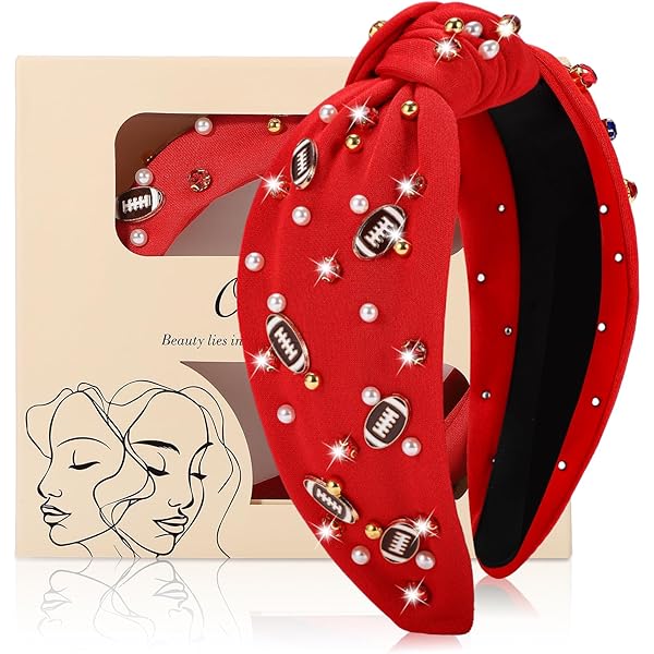 CAVETEE Diadema De Fútbol Para Mujer, Diadema Anudada Con Diamantes De Imitación De Color Rojo Y Perlas De Imitación, Diadema Con Nudo Superior, Regalos Para Fanáticos De Los Deportes