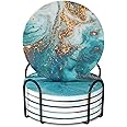 Memeyou Blue Marble Ceramic Coasters with Holder Absorbent Drink Coaster Set Outdoor Round Abstract Cute Table Decorative Coffee Cup Beverage Fun Wine Beer Bar Gold Housewarming 6 Pack