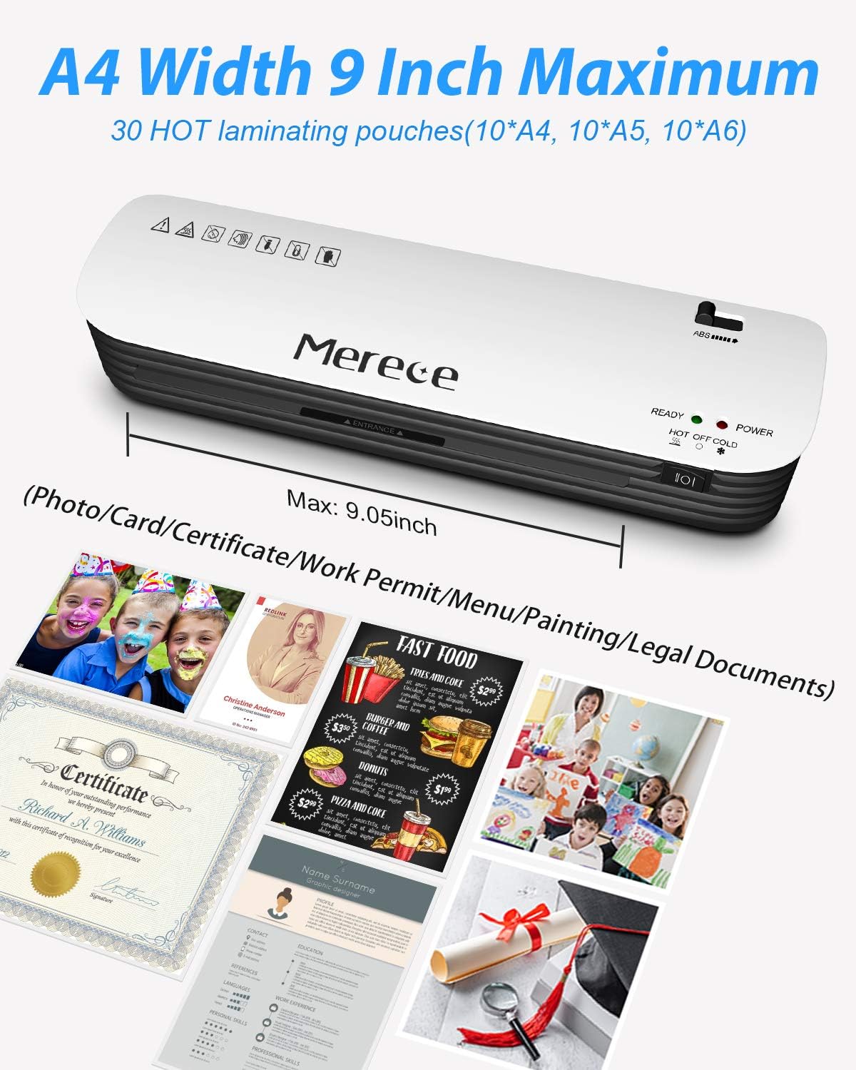 Merece Laminator - 4 in 1 A4 Thermal Laminator Machine, Personal Laminator for Home Use School Teachers Office Card Classroom, 9 Inches Small Hot Cold Lamination Machine with 30 Laminating Pouches : Office Products