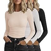 FULFIDREAM 3 Pack Womens Ribbed Long Sleeve Tops, Crew Neck Slim Fit Stretch Layering Basic T Shirts for Casual Wear