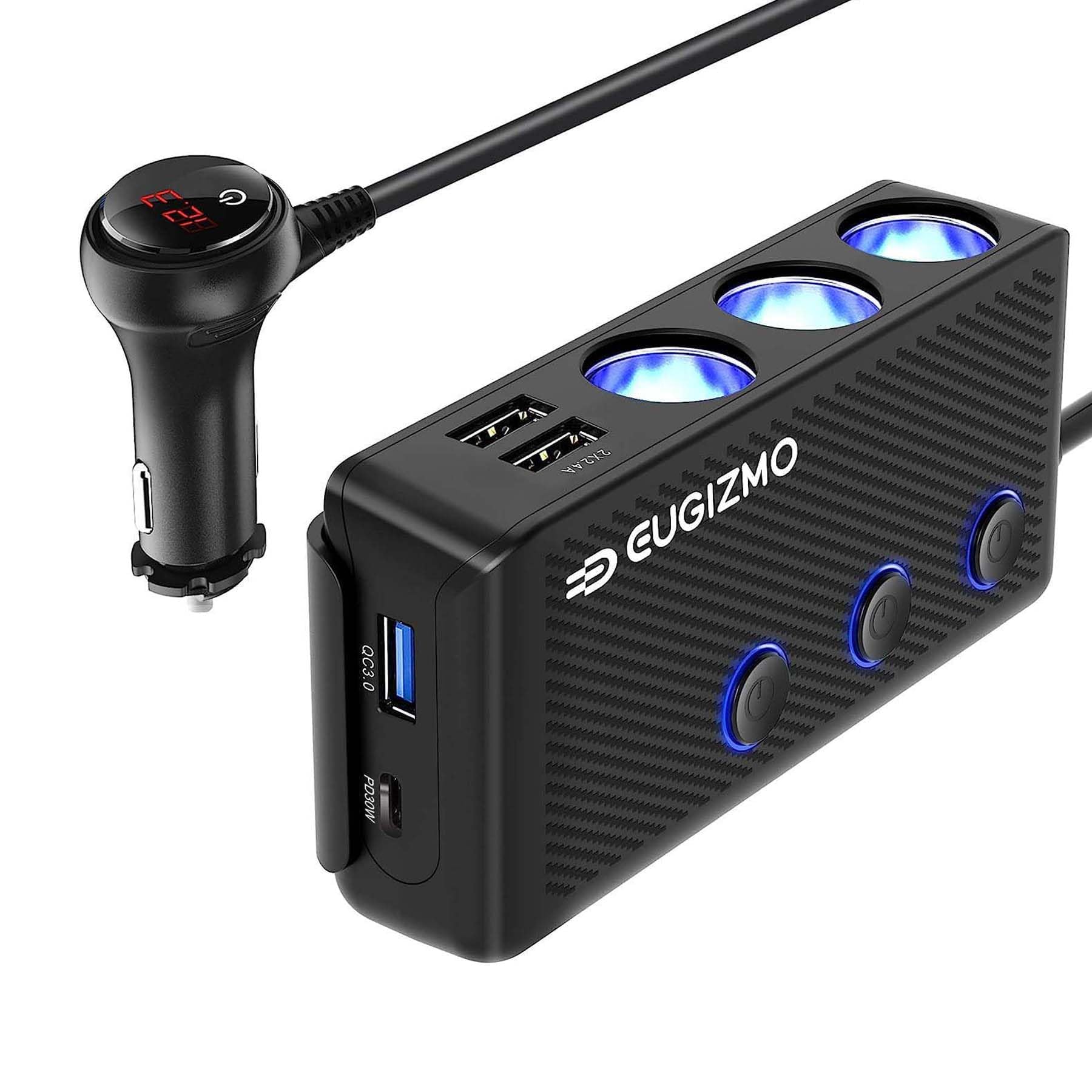 Photo 1 of **UNTESTED**
EUGIZMO Cigarette Lighter Plug Splitter, 200W 3 Socket Car Cigarette Lighter Adapter USB Charger Extension Cord Multi Port Power Plug 12V/24V Splitter with LED Voltage Display Independent Switches