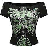 SOLY HUX Women's Goth T Shirts Emo Off The Shoulder Y2K Grunge Graphic Tees Short Sleeve Tight Fitted Crop Tops
