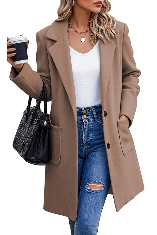 ECOWISH Women Coat Trench Jacket - Winter Long Sleeve Peacoat Fall Mid-Length Lapel Cardigan Overcoat with Pockets Brown Large