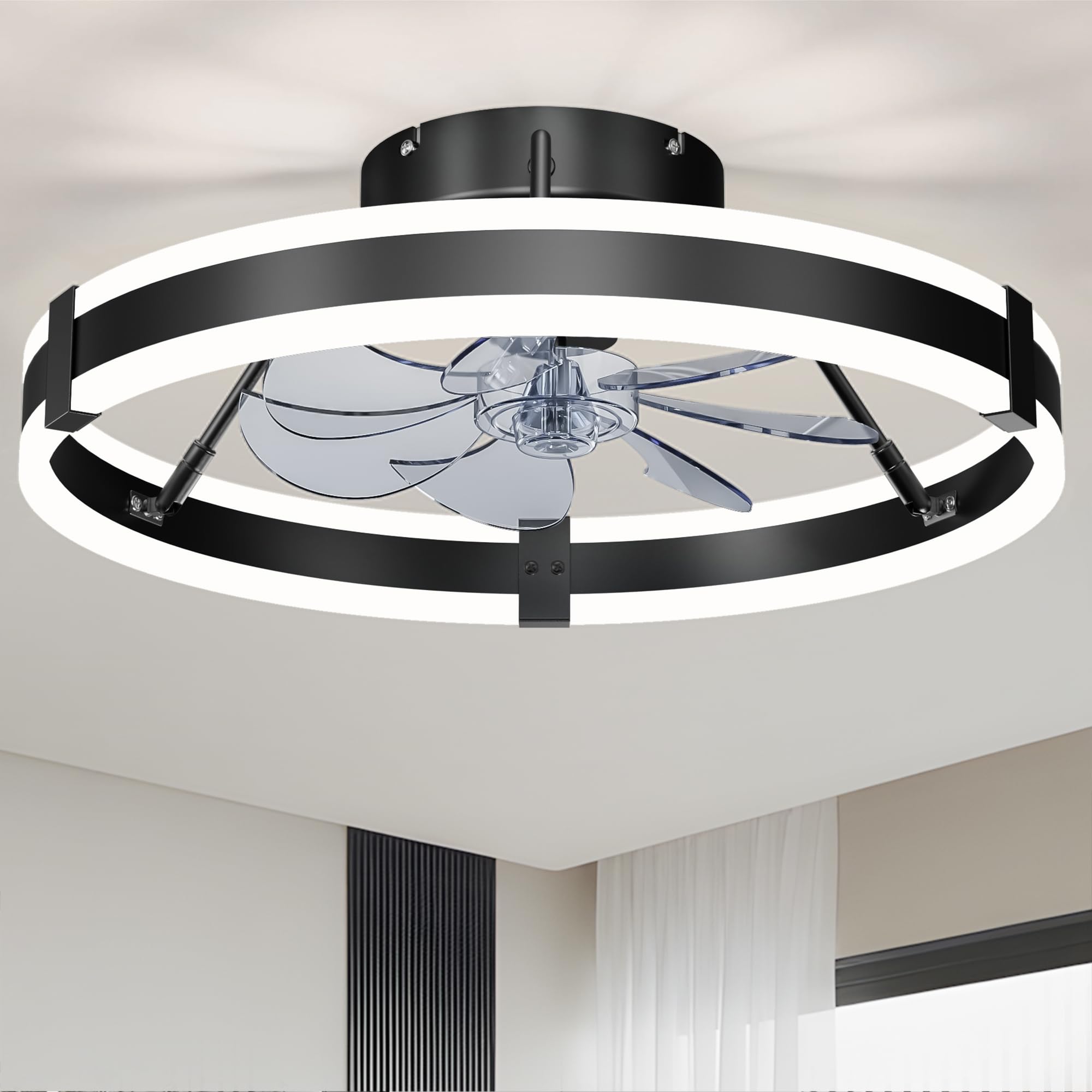 Photo 1 of Low Profile Bladeless Ceiling Fan with Lights & Remote - 19.7" Flush Mount Fandelier Light Fan for Bedroom/Kitchen, 3000-6000K Dimmable LED, 6-Speed Modern Fan with Lights for Home/Office