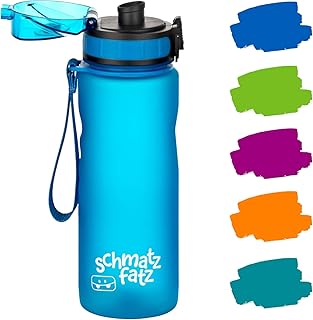 schmatzfatz auslaufsichere Sport Trinkflasche Kinder, BPA frei, 500ml, Fruchteinsatz, 1-klick Verschluss, Kinder Trinkflasche für Schule Kindergarten (Blau)