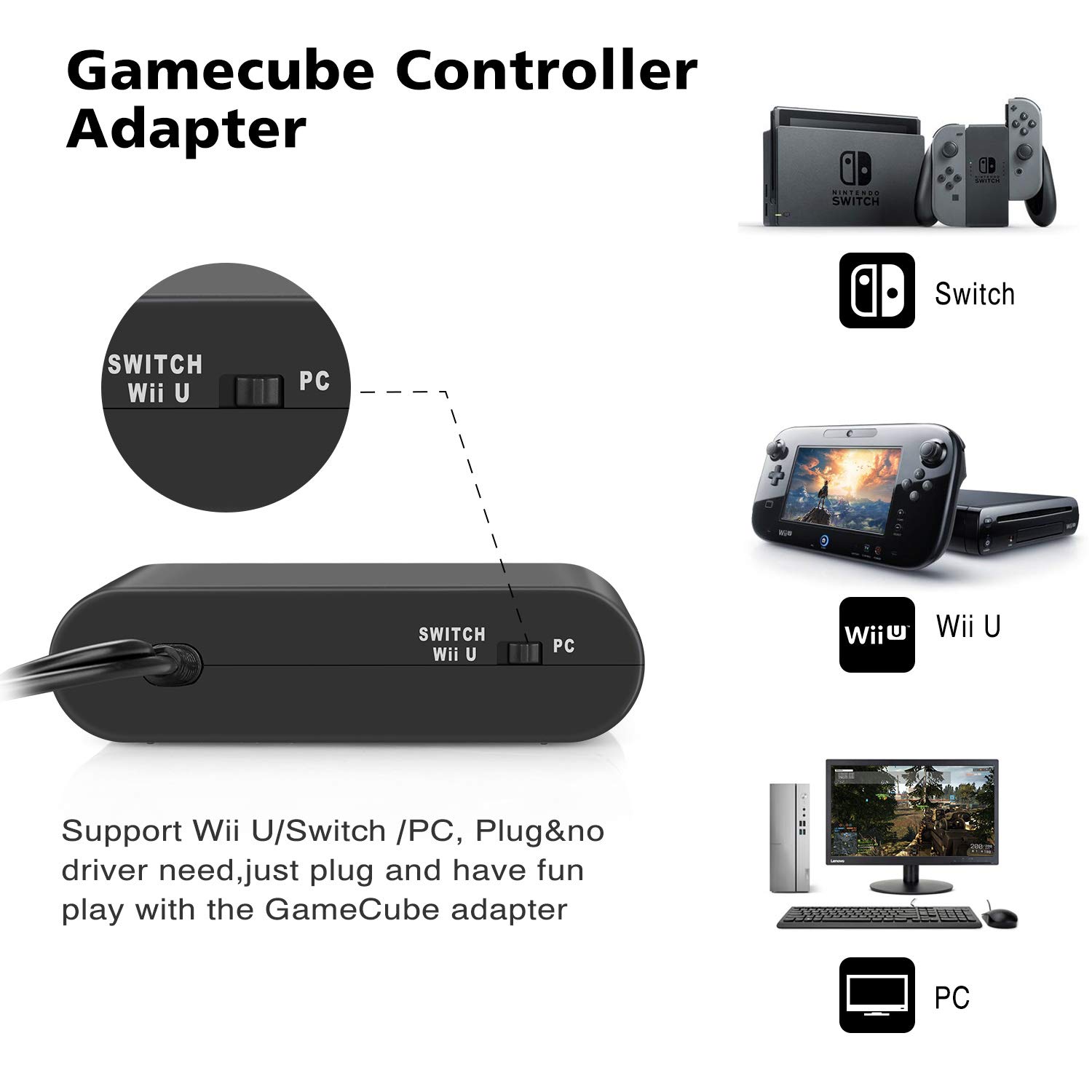 Switch Gamecube Controller Adapter, Super Smash Bros Gamecube Adapter for Nintendo Switch, Wii U and PC USB with 4 Ports - Plug & Play, No Drivers Needed