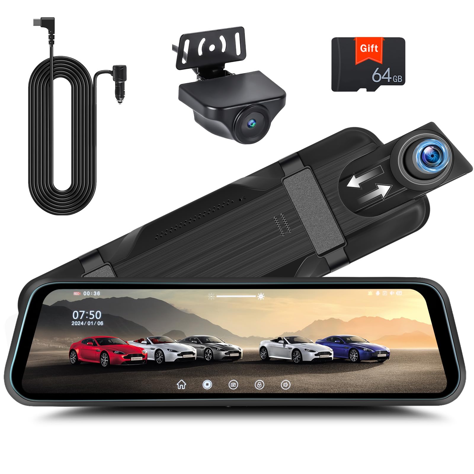 Photo 1 of Rear View Mirror Camera, Mirror Dash Cam for Car 1080P Front & Rear Mirror Cameras 9.66 Inch HD IPS Full Touch Screen 64G Card Night Vision Motion Detection Loop Recording 24H Parking Monitor G-Sensor