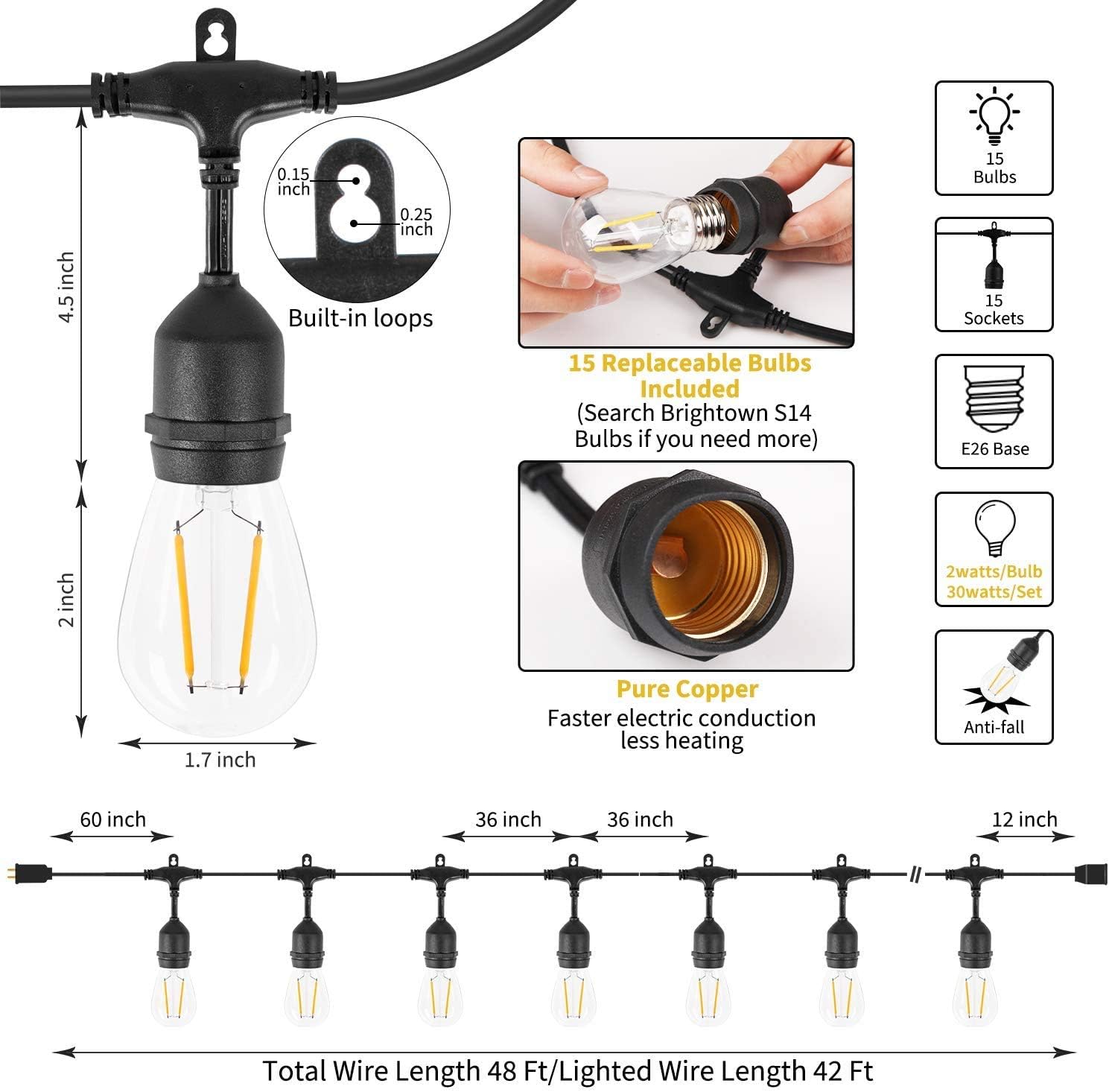 Minetom 48Ft LED Outdoor String Lights with 15 Shatterproof Energy Saving Bulbs, UL Listed Commercial Grade Connectable Weatherproof Strand for Patio Deck Backyard Garden Wedding, Black Cord, 2700K - - 