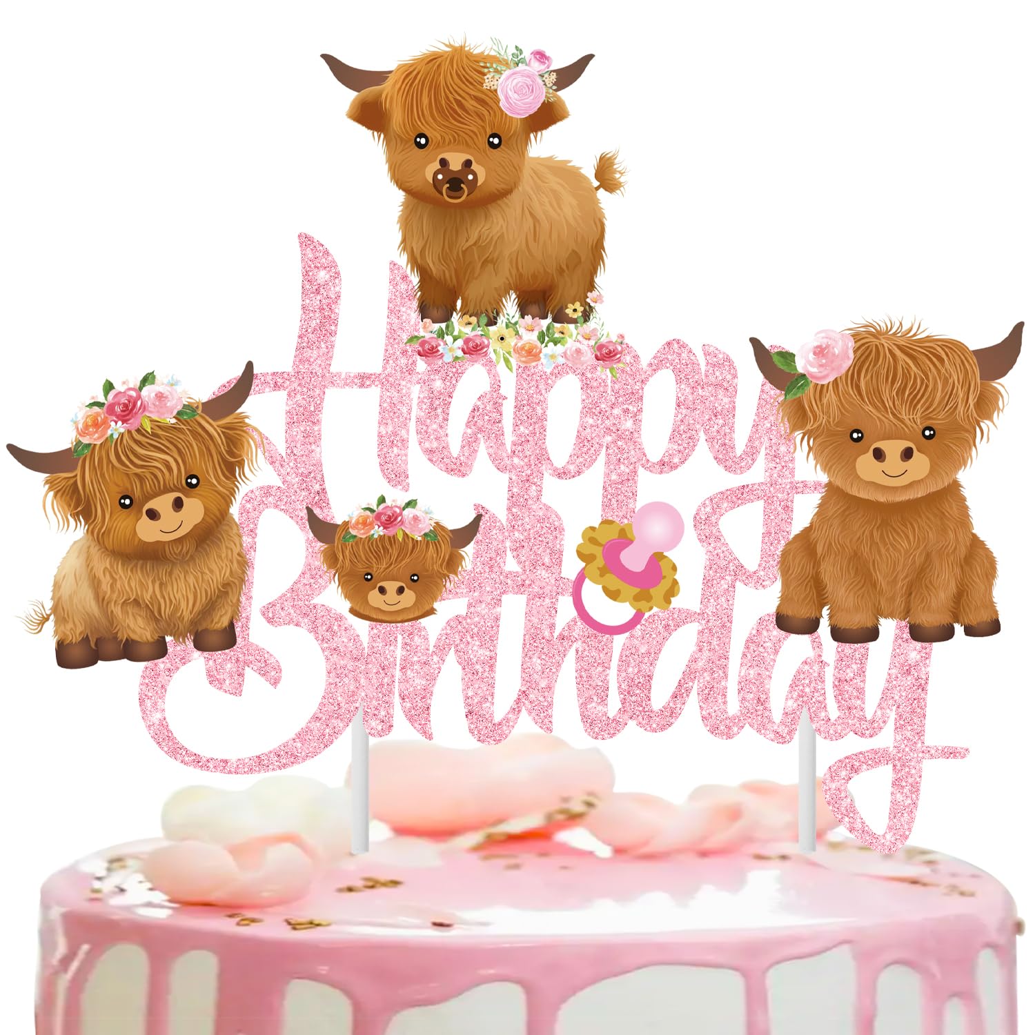 Photo 1 of Highland Cow Happy Birthday Cake Topper Glitter Pink Highland Cattle Birthday Party Decorations Cow Themed Cake Pick Decor for Girl Farm Animals Baby Shower Supplies