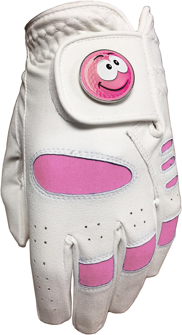 LADIES PINK GOLF GLOVE. SIZE MEDIUM. PINK SMILEY SMILE GOLF BALL MARKER. RIGHT HAND GLOVE FOR LEFT HANDED GOLFERS.