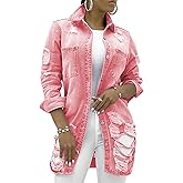 sexycherry Denim Jacket for Women Long Sleeve Classic Trucker Jeans Long Coat Outwear with Pockets