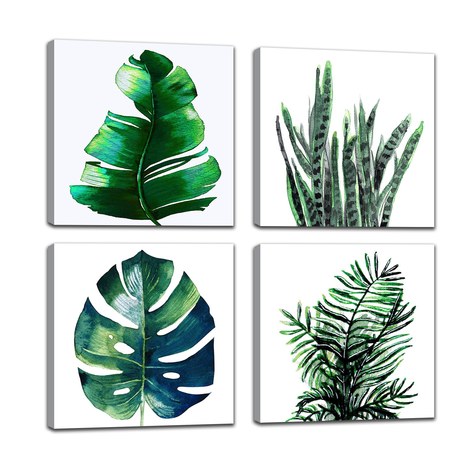 Botanical Decor Green Wall Art - 3 Pieces Framed Tropical Painting Natural Eucalyptus Monstera Foliage Canvas Artwork 4 Pieces 12x12 Inches Plant Posters Print Wall Decoration For Living Room Decor