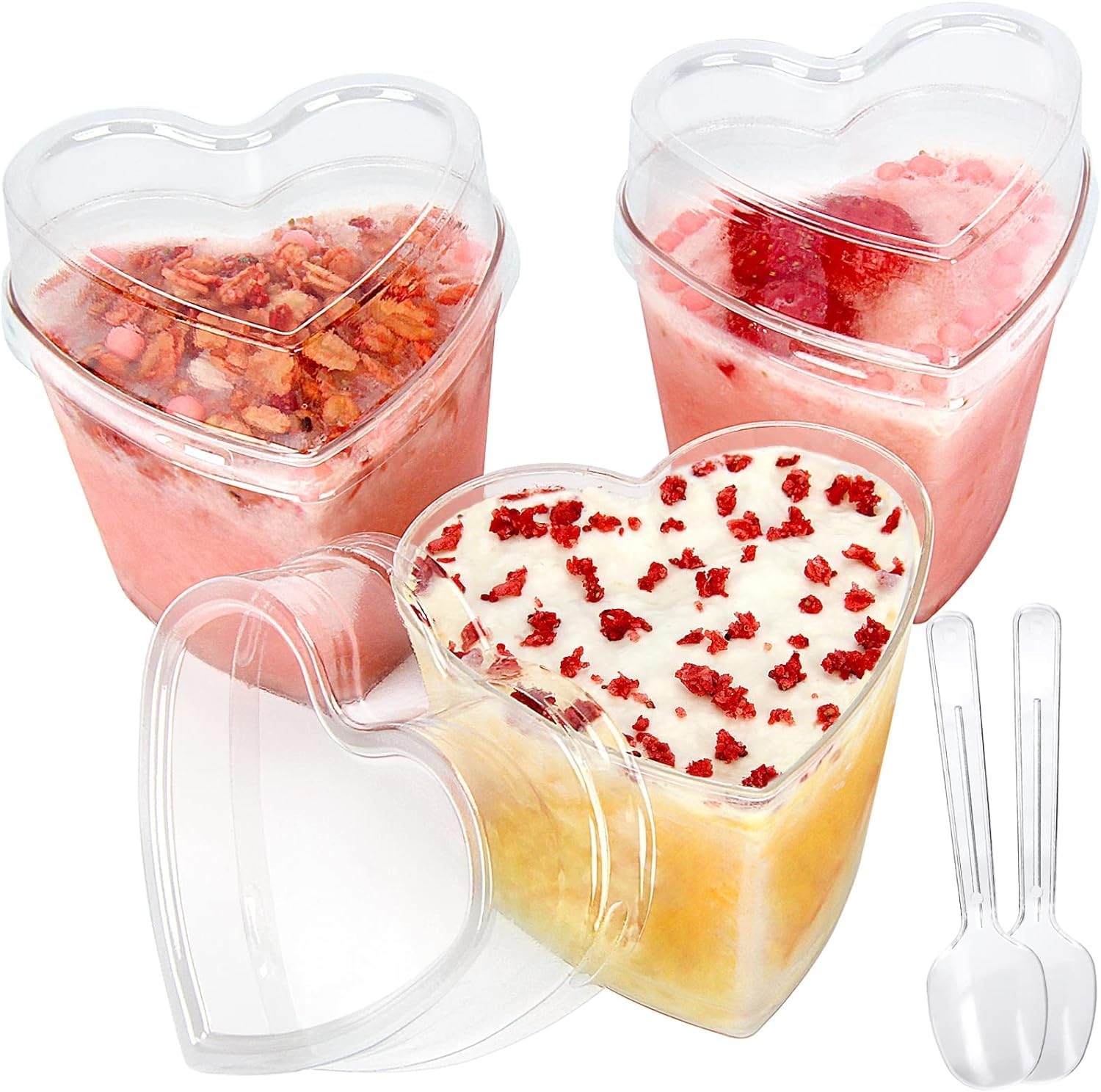 Photo 1 of HawHawToys 100 Pack Dessert Cups with Lids and Spoons, 5 oz Heart-Shaped Clear Plastic Appetizer Parfait cups for Mother's Day Gift, Wedding, Bridal Shower