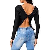 Verdusa Women's Fall Casual Tops Long Sleeve Backless Twist Tee Asymmetrical Open Back Crew Neck Shirt