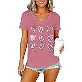 VERYNEAT Valentine Day V-Neck T-Shirt for Women Cute Leopard & Multi-Heart Tees Casual Soft Love Theme Tops