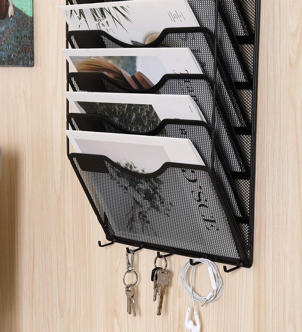 EasyPAG Mesh Metal 10 Pocket Wall File Holder Organizer Hanging Magazine Rack with 5 Key Holder Hooks,Black: Office Products