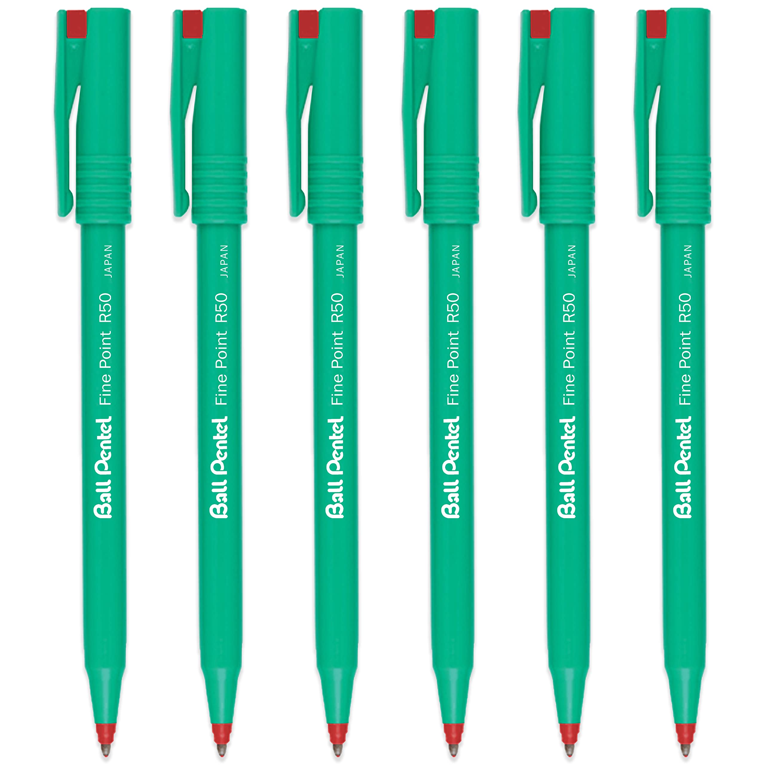 Pentel R50 Fine Point Liquid Ink Rollerball Pens - 0.8mm Tip 0.4mm Line Width - 77% Recycled - Pack of 6 - Red