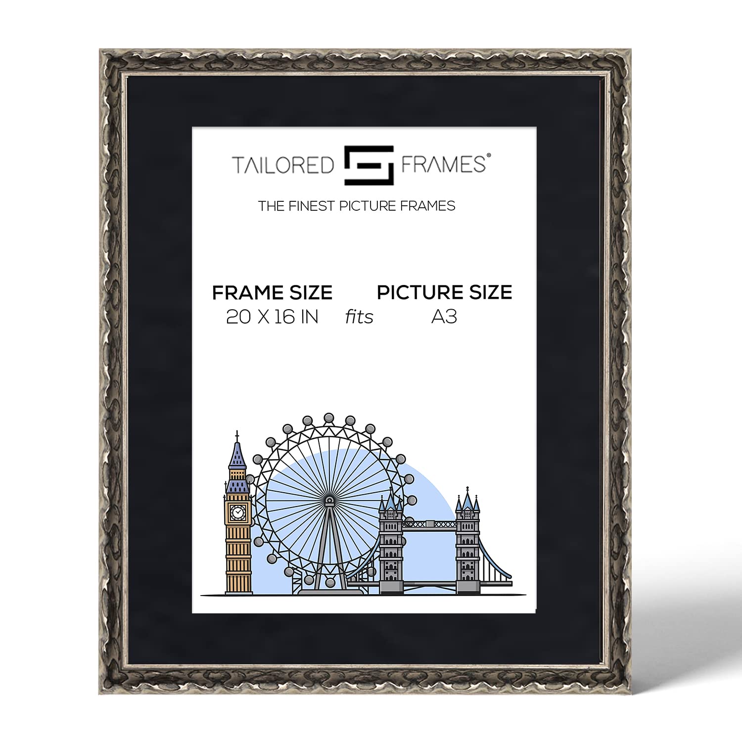 Tailored Frames Vienna Silver 20" X 16" Frame for A3 Picture | Rustic Style Vintage Single Picture Frame | Wall Hanging Type | Photo Frame with Black Mount