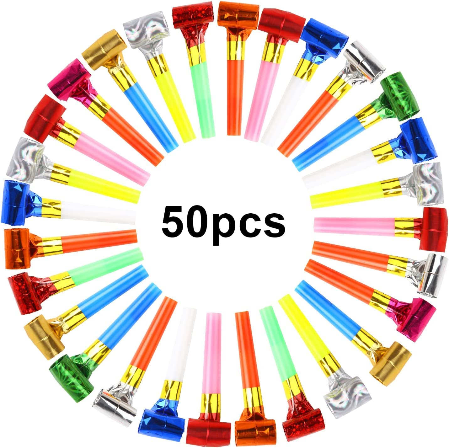 VEYLIN Party Blowouts 50 Pack, Assorted Colours Party Blowers with Plastic Mouthpieces, Paper Noisemakers for Kids Party Bags, Birthday & New Year Celebrations