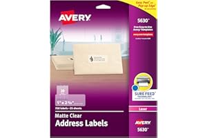 Avery Printable Address Labels with Sure Feed, 1" x 2-5/8", Matte Clear, 750 Blank Mailing Labels (05630)