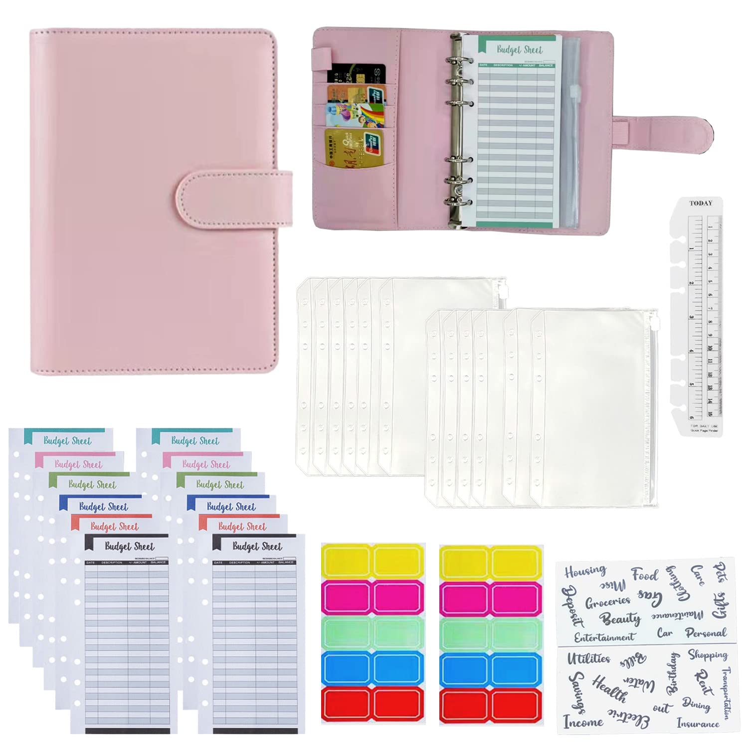 A6 PU Leather Budget Binder Set, Money Organizer with 12 Cash envelopes, Cash passbook Manager, Savings Notebook Binder with Budget Sheets, Saving Money
