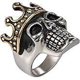 mowen 14k Gold Plated Vintage Stainless Steel King Skull Crown Biker Men's Ring, Silver Black Gold (7)