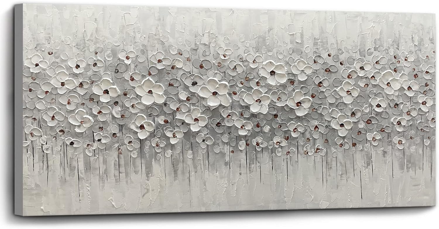 Paintings - Large Canvas Wall Art for Living Room White Flowers Picture Hand-Painted Oil Painting Framed Artwork Modern Gallery Plant Decor Wall Decorations for Bedroom Bathroom Size 60x30 inch Ready to Hang