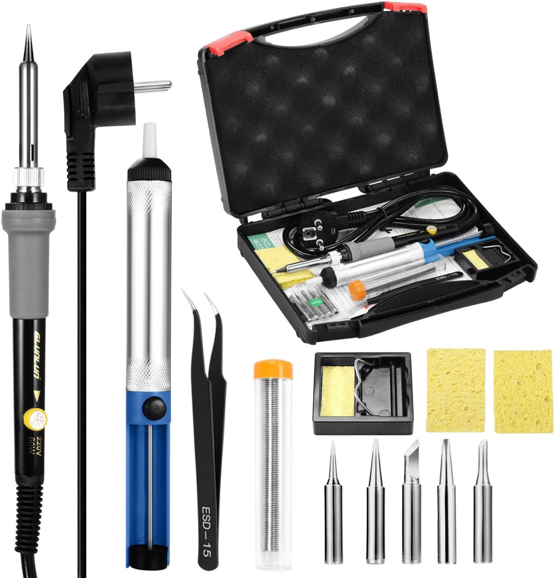 Soldering Iron Kit, Glunlun [13-in-1]Soldering Set Tools 60W Adjustable Temperature 200-450 °C Welding Iron Gun, 5pcs Different Soldering Tips, Solder, Desoldering Pump, Soldering Iron Stand, Tweezers, Portable Tool Case