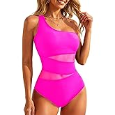 Tempt Me Women One Shoulder One Piece Swimsuits Full Coverage Cutout Mesh Sexy Bathing Suits Tummy Control Swimwear