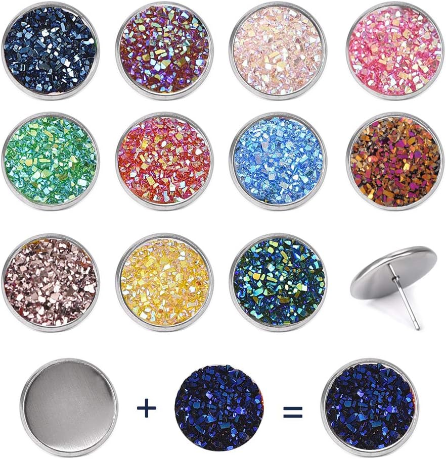 Druzy Stud Earrings Making Starter Kit Mix Color Round Agate Resin Cabochons 12mm