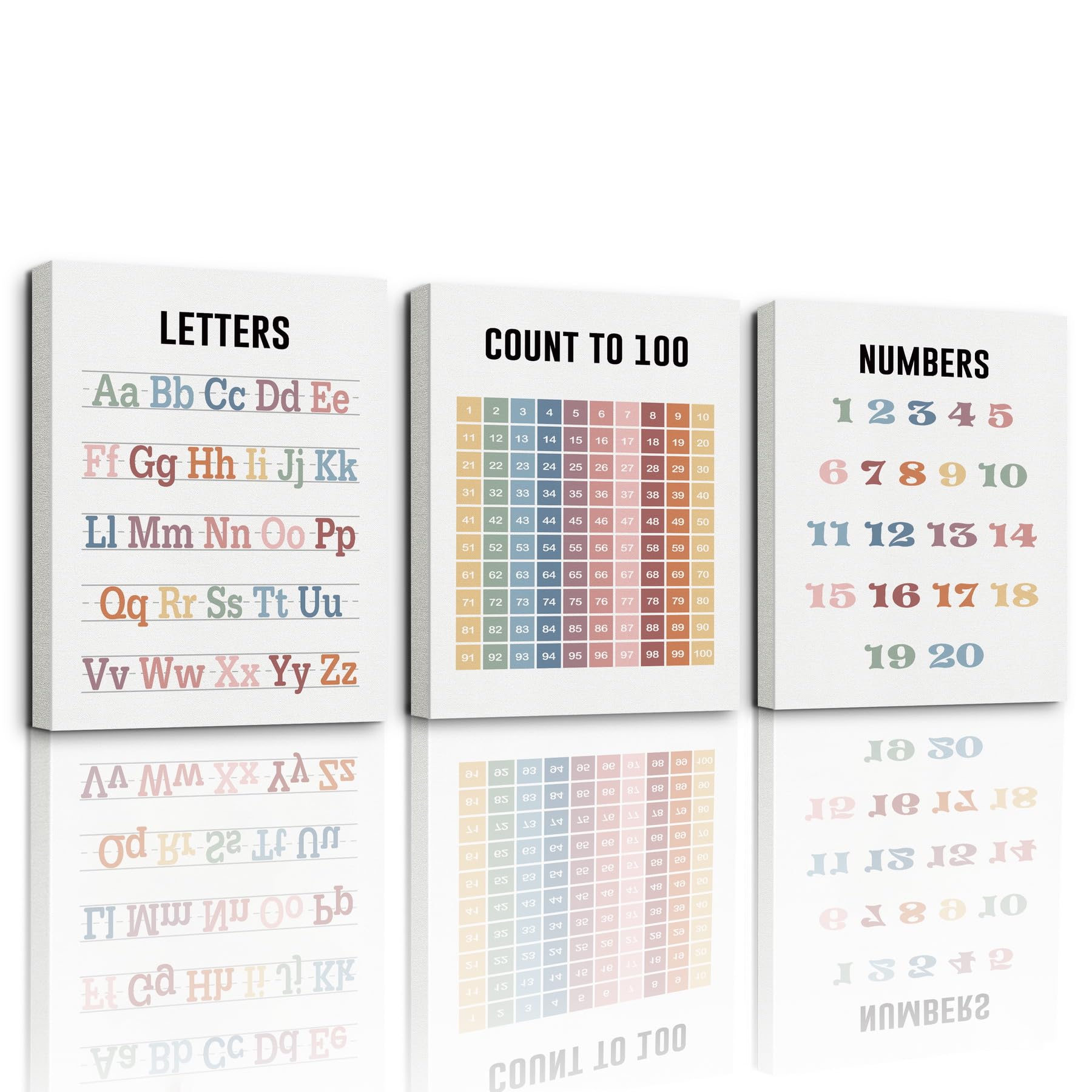Photo 1 of 3 Pieces Canvas Wall Art, Nursery Decor, Kids Room Wall Decor, Educational Posters for Classroom & Kindergarten, Playroom Canvas Decor, Learning Chart Materials Letters, Count to 100, Numbers