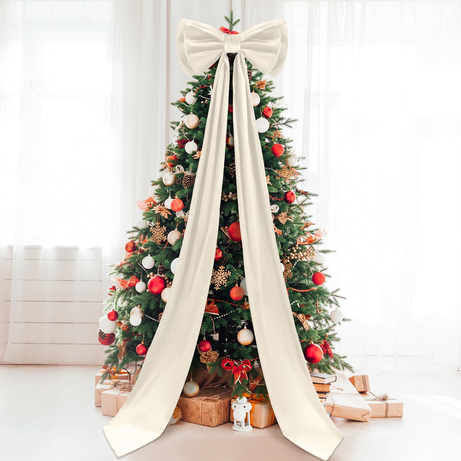 Photo 1 of Wavwavw Giant Bow Decor Christmas Tree Topper Decoration Big Bows for Room Wall Backdrop 75x18 Inch Ribbon Tie for Wedding Christmas Fall Birthday Party Baby Shower Supplies(Ivory,Velvet)