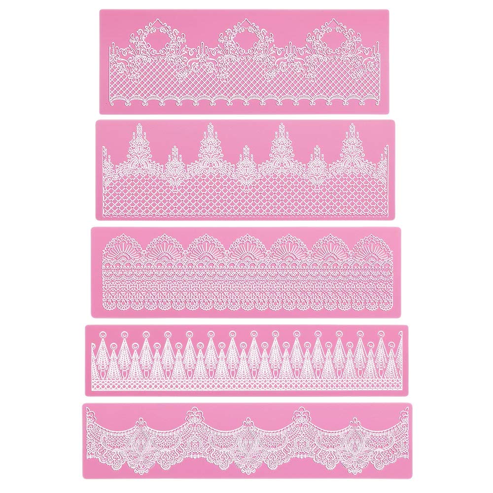 Lace Mold for Cake Decorating, Beasea 4pcs Silicone Lace Mats for Cakes, Pink Fondant Lace Molds Silicone Tools Flower Pattern Molds Embossed Sugar Craft Tools
