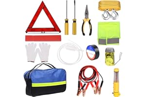 Glarks 13Pcs Car Roadside Emergency Kit with Warning Triangle, Safety Vest, Jumper Cable, Tow Strap, Flashlight, Oil Suction 