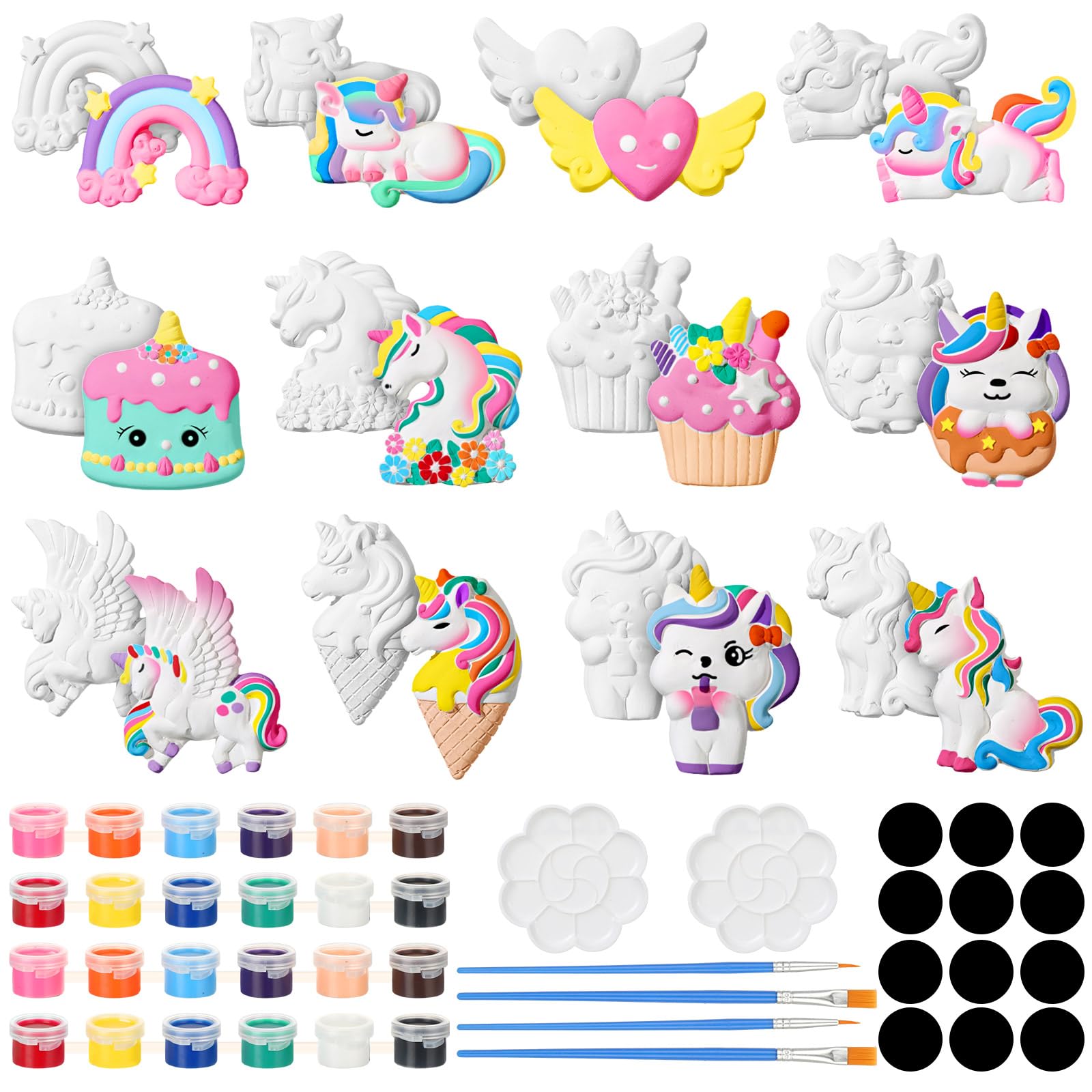 Photo 1 of HyDren 12 Sets Arts and Crafts Painting Kit for Kids Unicorn Unpainted DIY Ceramic Figurines Paint Your Own Figurines with Magnets, Paintbrushes, Palettes for Kids Adults(Unicorn Theme)