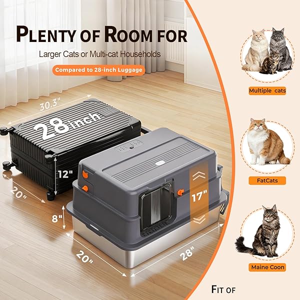 ENCLOSED XXXXL STAINLESS STEEL LITTER BOX, 28″ L X 20″ W X 17″ H, SIDE ENTRY EXTRA LARGE METAL CAT LITTER BOX WITH LID FOR BIG & MULTIPLE CATS, REMOVABLE ENCLOSURE, ANTI-LEAKAGE,EASY TO CLEAN