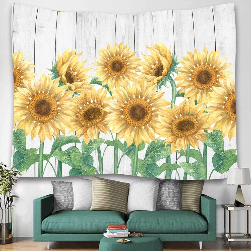 Wooden Board Sunflower Print Tapestry Wall Hanging Art Floral Tapestries Home Decor for Living Room Bedroom Kitchen Dorm 59.1W X 51.2L Inch,Yellow