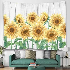 Wooden Board Sunflower Print Tapestry Wall Hanging Art Floral Tapestries Home Decor for Living Room Bedroom Kitchen Dorm 59.1W X 51.2L Inch,Yellow