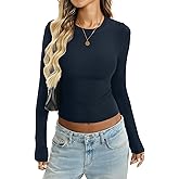 EasyGala Women Cotton Ribbed Long Sleeve Shirts Crew Neck Tight Tees Sexy Fitted T-Shirt Fall Basic Layer Clothes 2026