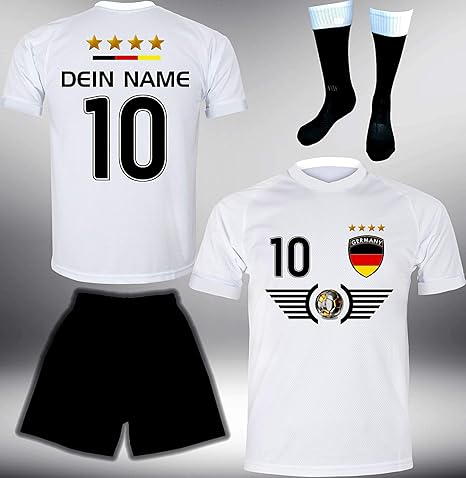 ElevenSports Deutschland Trikot Set 2018 mit Hose & Stutzen GRATIS Wunschname + Nummer im EM WM Weiss Typ #DE5ths - Geschenke