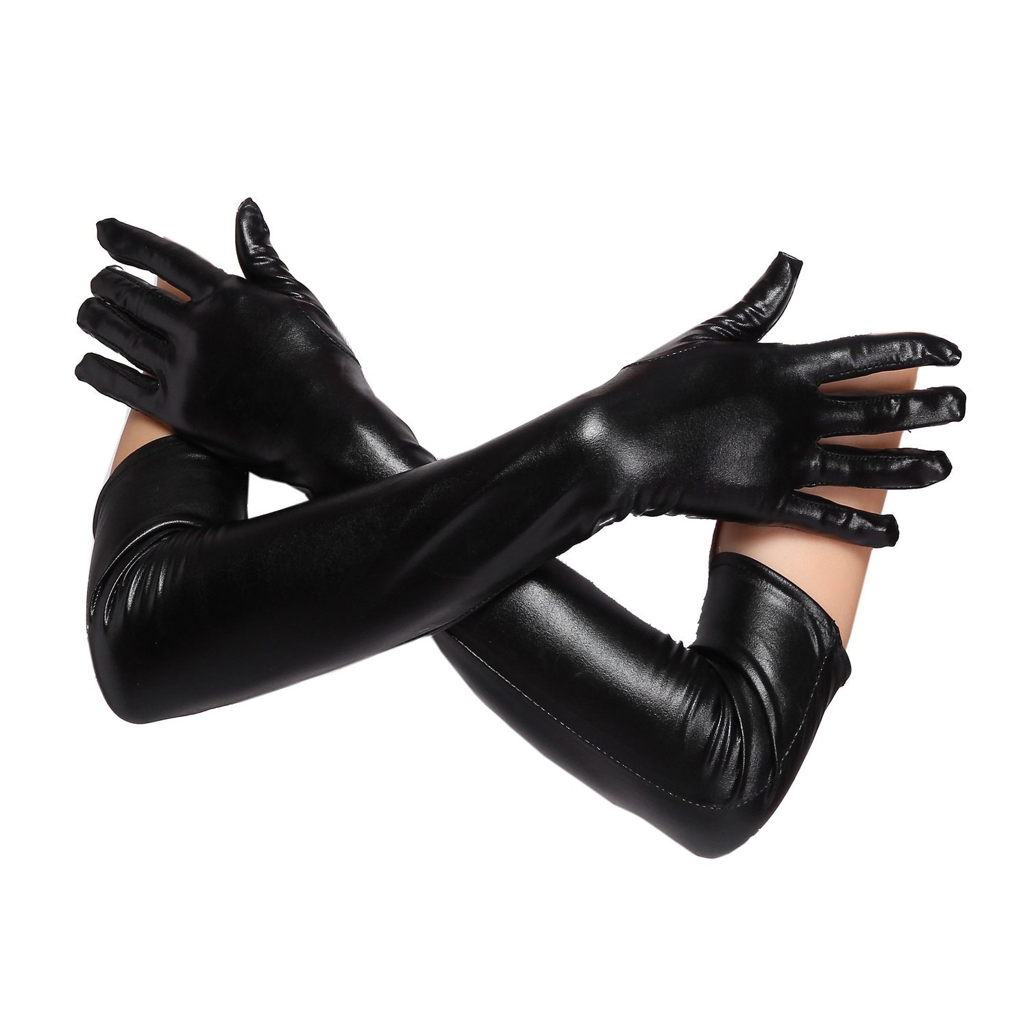 Heavelove Black Metallic Wet Look Long Gloves for Party and Opera