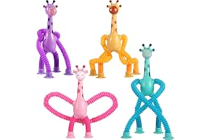 XONTEUS 4Pcs Giraffe Pop Tube Sensory Toys, Telescopic Suction Fidget Toys for Autism, Toddler Travel & Airplane Activities, Valentines Day Gifts for Kids Easter Basket Stuffers for Boy & Girl