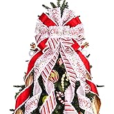 Christmas Tree Topper Bow Christmas Wreath Bow 45x12 Inches Large Burlap with White Red Polyester Edge Gift Bow for Xmas Tree Décor Christmas Home Indoor Outdoor Decoration