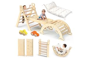 BlueWood Pikler Triangle Set with Cushion - Climbing Toys for Toddlers 9-in-1, Montessori Philosophy Play Jungle Gym with Arc