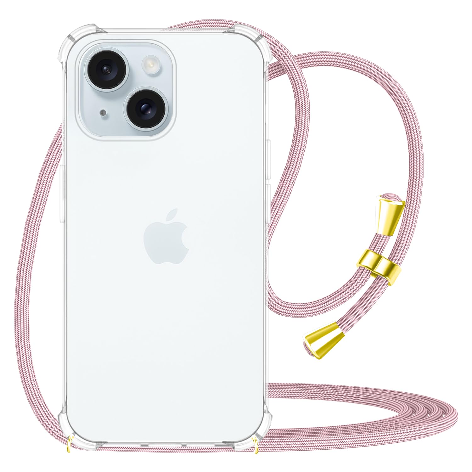 CAROKI Hands-Free Crossbody Case for iPhone 15, Clear Shockproof Protective Cover with Adjustable Rose Gold Lanyard Neck Strap, Slim Soft TPU Phone Holder for iPhone 15 (6.1"), Rose Gold