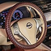 Carwales Elegant Men Steering Wheel Cover Leather for Car Hand-Made Wheel Wrap Hand Woven Universal 14.5-15 Inch Brown