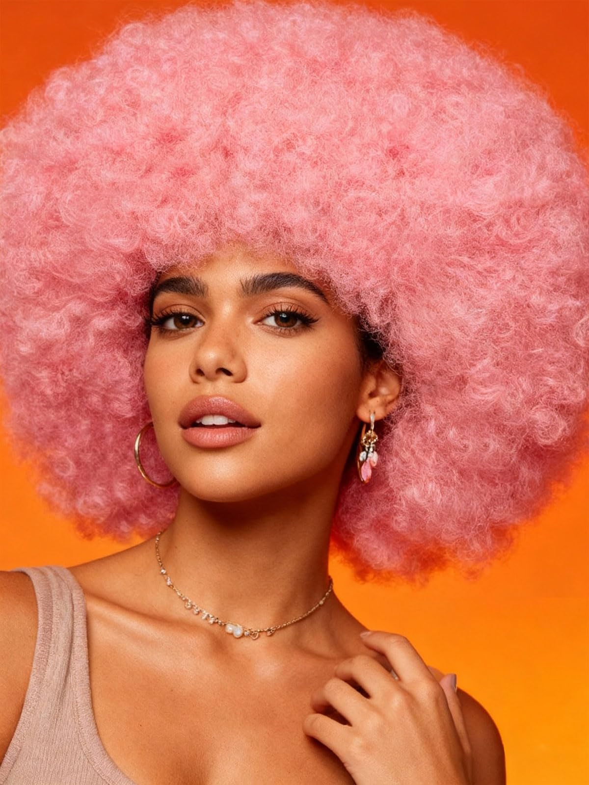 Photo 1 of DZfirst 70s Pink Wig Afro Wigs for Black Women Natural Looking Bouncy Huge Fluffy Puff Wig Synthetic Hair for Daily Cosplay and Party (Pink)