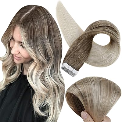 Fshine Tape In Hair Extensions Real Human Hair 18 Inch Balayage Color 8 Ash Brown Fading To 60 Platinum Blonde Tape In Hair Extensions 50 Grams 20 Pcs Seamless Remy Hair Tape in Extensions