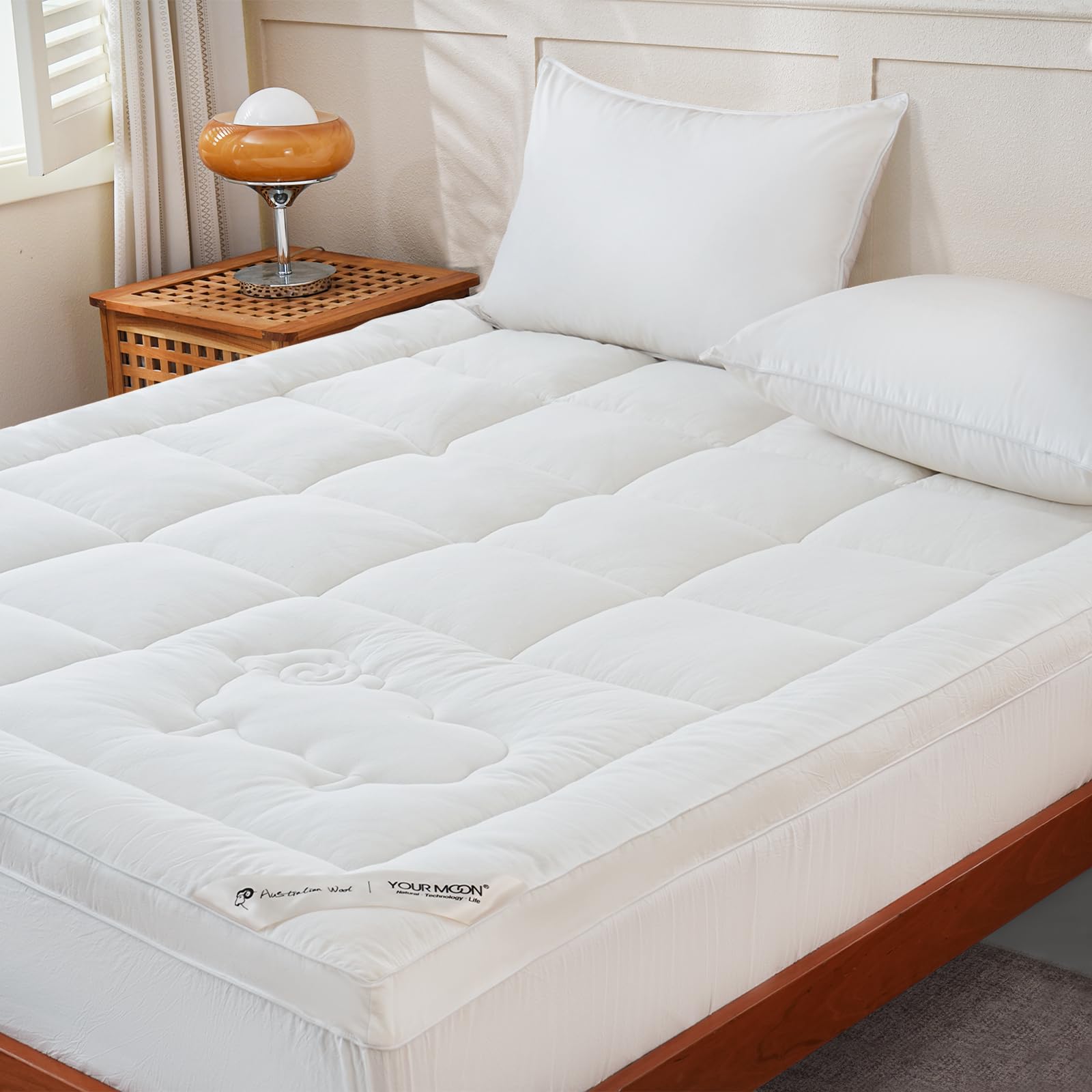 Photo 1 of YOUR MOON 100% Organic Wool Mattress Topper Queen Size – 2 Inch Thick Pillow Top Mattress Pad, 700GSM Natural Wool Filling, Back Pain Relief Bed Topper with Cotton Cover-16'' Depth, 60"x80" (White)
